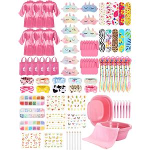 Suhine 6 Set Spa Party Supplies for Girls Kids 6 Satin Robes Spa Kit Sleepover Birthday Slumber Party Favors Nail Salon Pack (Pink)