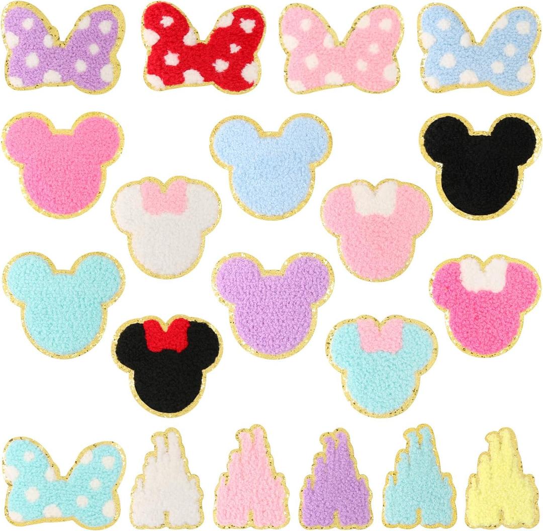 20 PCS Chenille Mouse Head Iron on Patches, CCOZN Colorful Chenille Castle Bowknot Mouse Embroidered Patches Sew On Embroidered Applique DIY Accessory for Clothing Hats Jackets Backpack Pants