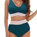 Vemubapis Womens High Waisted Bikini Set Tummy Control Color Block Bathing Suits Twist Front Two Piece Swimsuits Peacock, Large