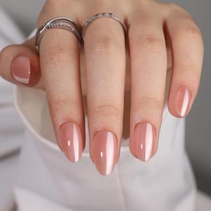 Nude Press On Nails Almond Fake Nails - Maigitur Short Stick On Nails for Women, Chrome Glue On Nails in 16 Sizes - 32 Soft Gel False Nails Manicure Kit(Nude Chrome Clear)