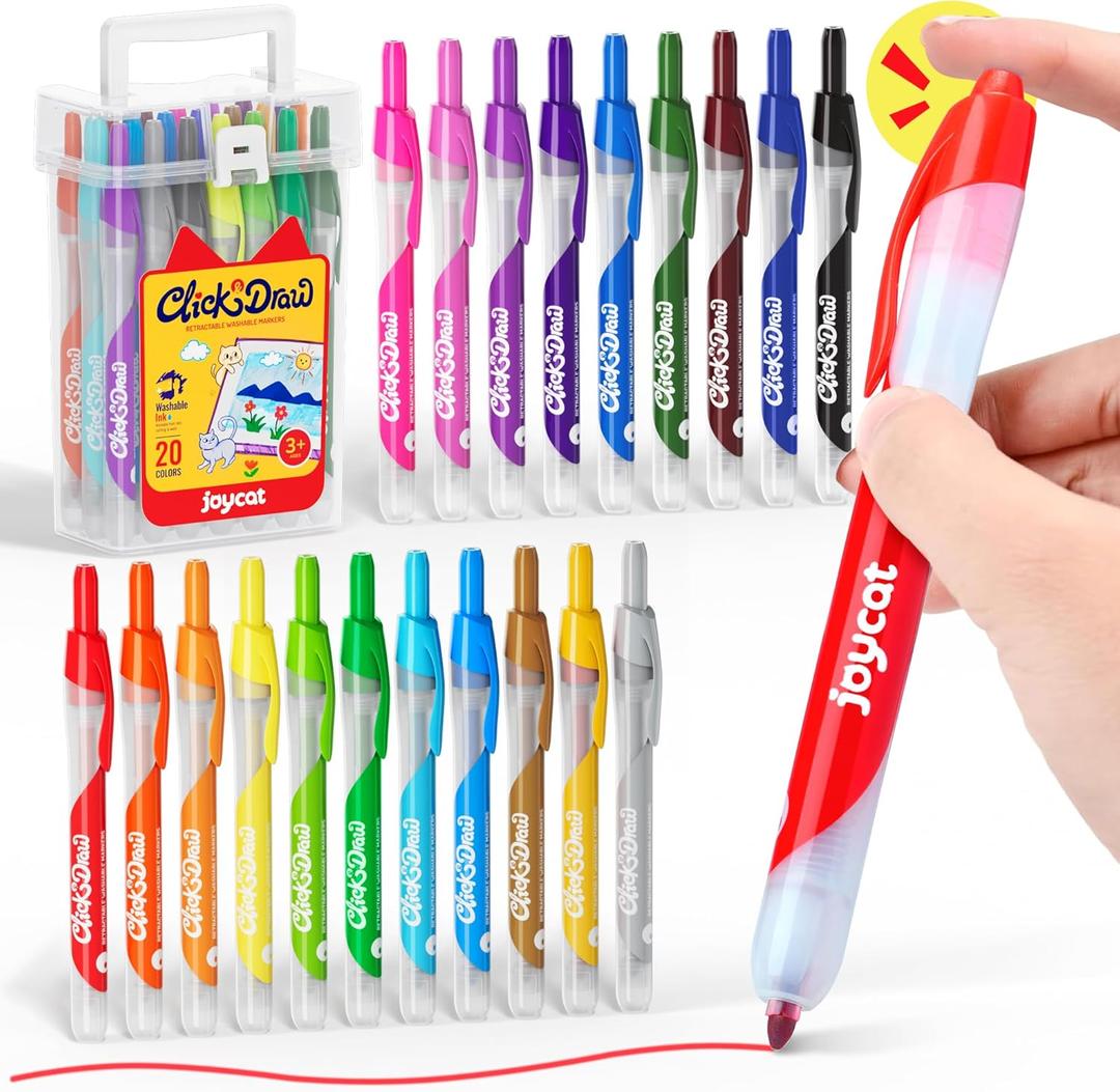JoyCat Click & Draw Washable Markers for kids with Retractable Tips,20 Colors Markers Set,retractable marker for Toddlers Kids, Ideal arts & crafts supplies,coloring markers,Holiday Gifts for Kids.