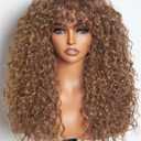 GORGIUS Veralux Blend Human Hair Curly Wig with Bangs Cinnamon Brown Shaggy Curl Glueless Bang Wig with True Scalp Upgraded with Natural Human-Hair-Like Premium Synthetic Fiber
