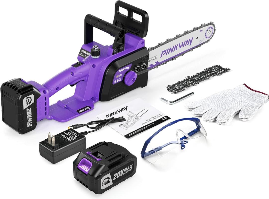 Brushless 12-Inch Electric Chainsaw Cordless20V Battery Power Chain Saw with 4.0Ah Battery and Charger, Mini Chainsaw Cordless Portable Compact Saw Handheld for Wood CuttingPurple