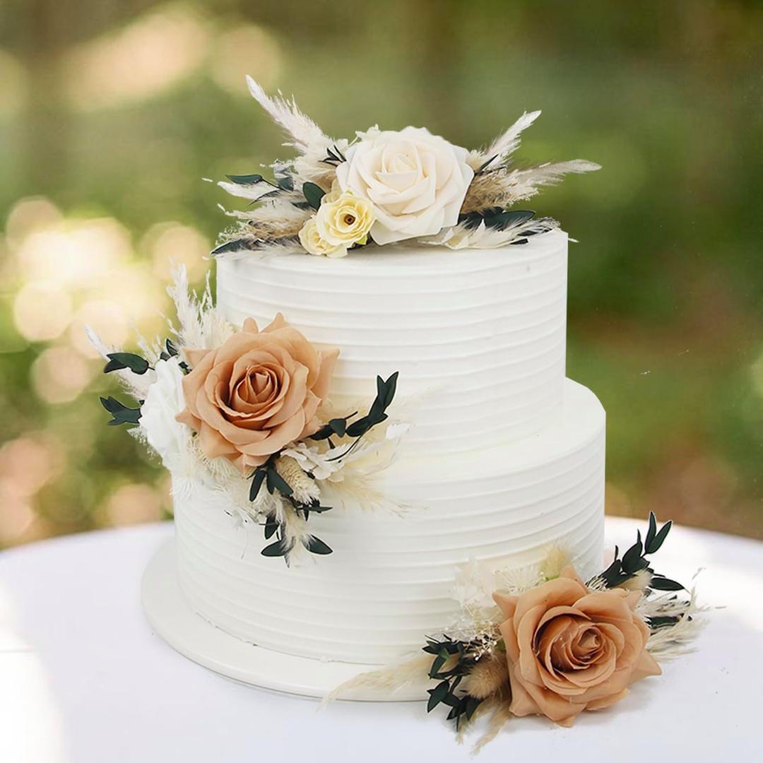 Rinlong 3Pcs Pre-made Boho Cake Toppers Pampas Cake Decorations Birthday Wedding Cake Decorating Flowers Baptism Decor for Women Girls (Beige & Almond)