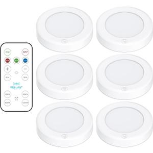 Brilliant Evolution LED Tap Light Push Lights with Remote - 6-Pack Battery Operated Under Cabinet Lights - Stick On Puck Lights for Kitchen, Closet, and Night Lighting - Wireless Warm White, 55 Lumens