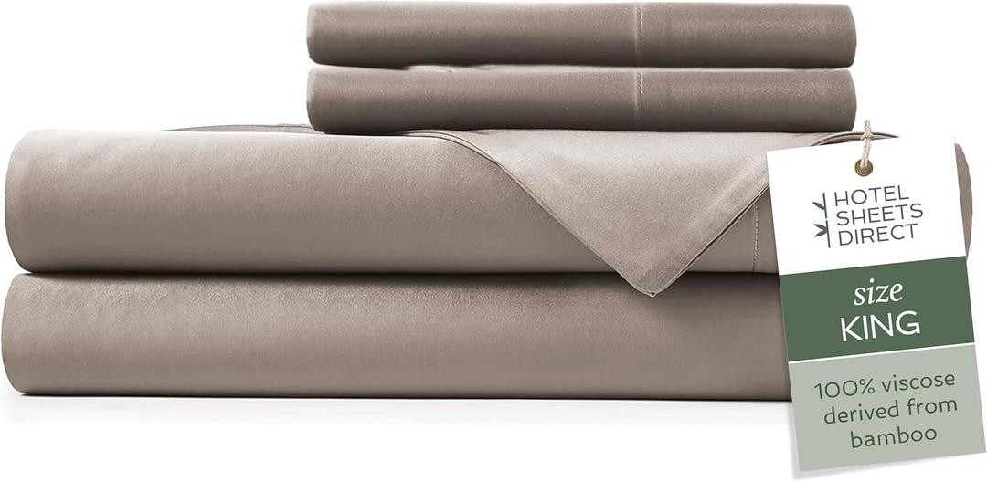 Hotel Sheets Direct 4 Piece Bed Sheet Set King Size, 100% Viscose Derived from Bamboo Sheets Set with 2 Pillowcases, Cooling & Breathable Luxury Bedding, MoistureWicking & Silky Soft Texture, Sand