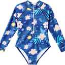Century Star UPF 50+ Girls Long Sleeve Swimsuit - Rash Guard Swimsuit Toddler Kids Teen One Piece Bathing Suit Zip (12-13 Years, 03 Blue Floral)