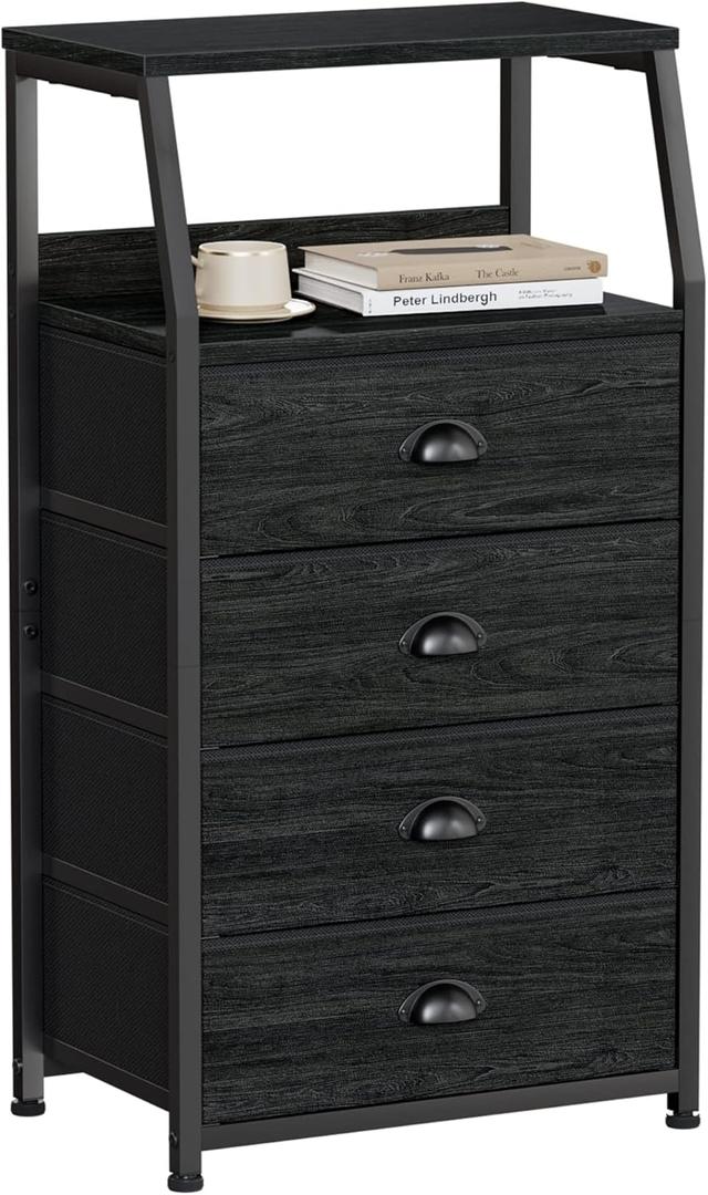 Tall 4 Drawers Dresser, Vertical Storage Tower Black Dresser for Bedroom, Hallway, Entryway, Nursery, Closet Organizer, Nightstand Bedside Table Furniture, Sturdy Steel Frame, Wood Top