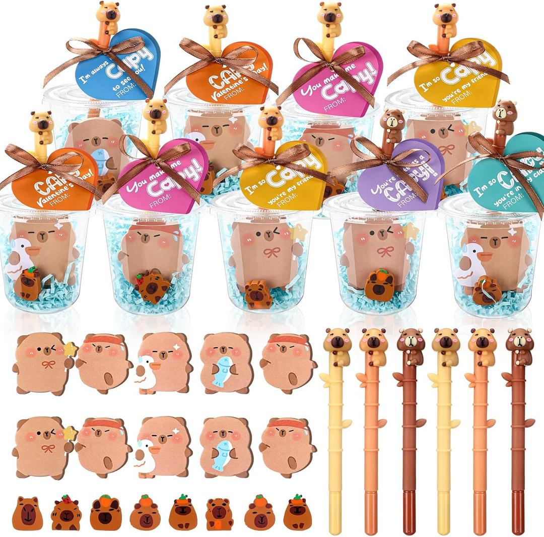 24 Set 148 Pcs Valentines Capybara Gifts Capybara Party Favors Sticky Notes Pens Heart Cards Erasers Cups Fun Valentine's Day Gifts for Exchange Rewards Prize Birthday Goodie Bag Stuffers