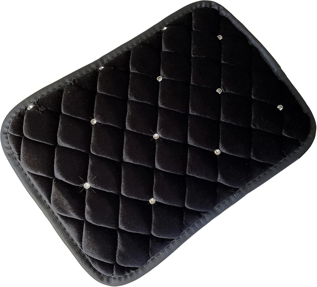 Universal Bling Soft Plush Luster Car Armrest Seat Box Cover Auto Center Console Cushion Pad Crystal Protective Padding Car Decor Accessories for Women Black