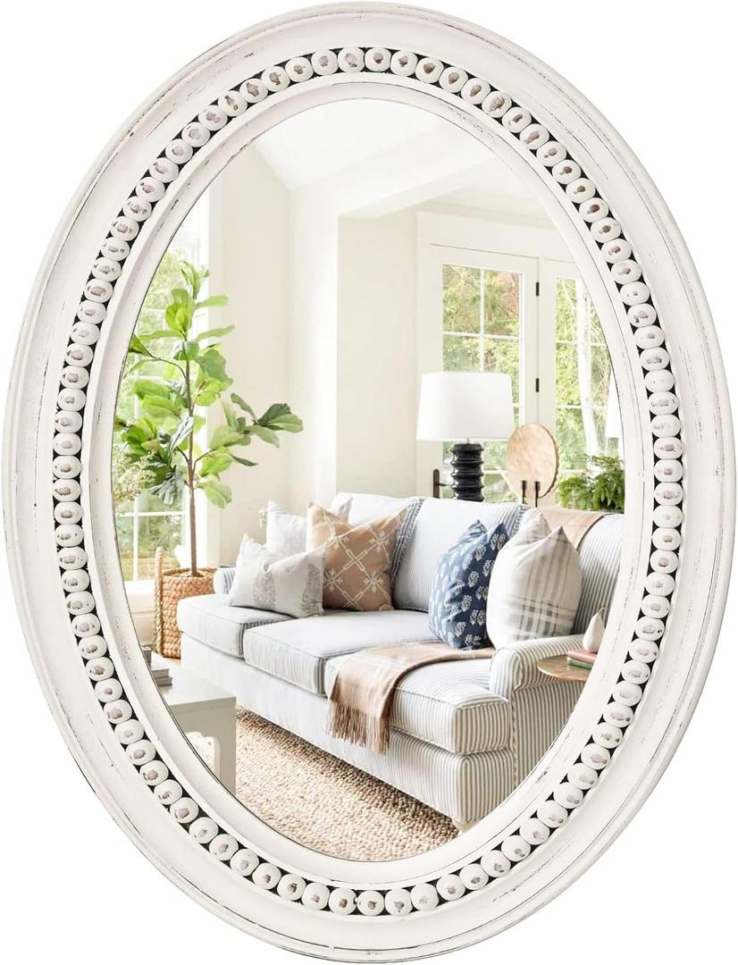 H HOMEWINS Oval Mirrors for Wall,20x30 Oval Wooden Rustic Farmhouse White Beads Boho Decorative Mirror for Bedroom, Bathroom, Living Room,Vanity