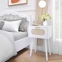 Nightstands Set of 2, Bedside Table with Rattan Door, Boho End Table with Solid Wood Legs for Bedroom, Living Room, Small Space Nightstands, White Color, HNS001W