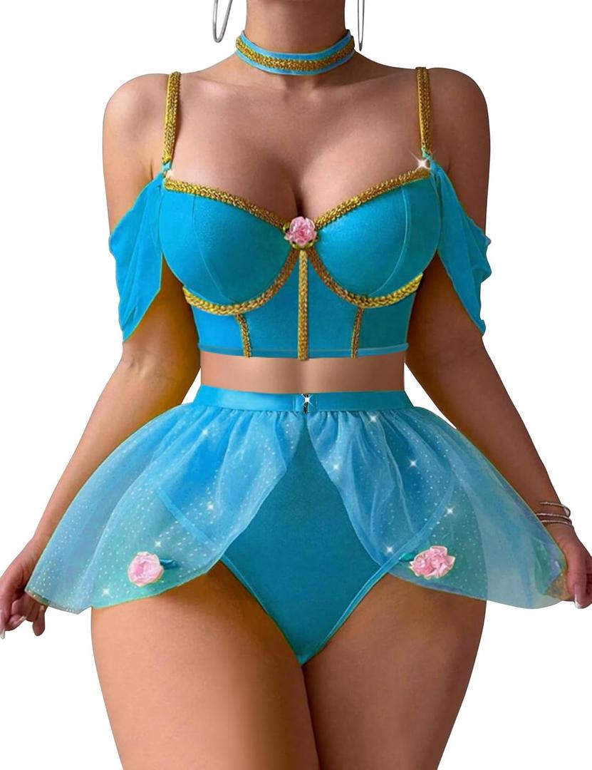 Lingerie Sets for Women Sexy Princess Costumes Cosplay Outfits Halloween Lingerie Roleplay with Bra and Panty (Medium, Blue)