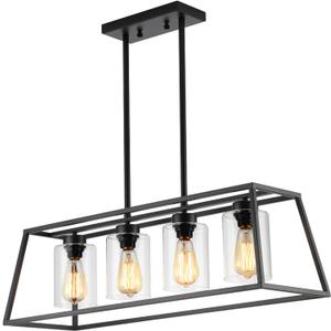 Black Farmhouse Chandeliers for Dining Room, Rustic Kitchen Island Light Fixture, 4-Lighting Linear Pendant Lamp Kitchen Island with Glass Shade Apply to Dining Room Light fixtures Over Table