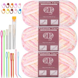 LUNARM Chenille Yarn for Crocheting Knitting, 3 Skein 10.58 oz / 263 Yard Thick Soft Chunky Fluffy Weaving Plush Yarn for Blankets Clothes Pattern with Big Eye Needles(Peach Pink Gradient)