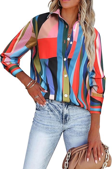 siliteelon Womens Button Down Shirts Dress Shirts Long Sleeve Wrinkle Free Collared Work Blouses Casual Print Chiffon Top (Large)