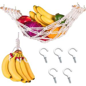Uenede 1Set Cotton Material Hanging Fruit Hammock and a Net Rope for Hanging Bananas with 2 Hooks Vegetable Net Bag Can be Installed Under the Cabinet to Save Space