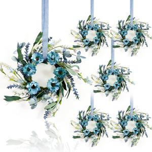 6 Pcs Small Blue Daisy Flower Hanging Wreaths for Cabinets with White Floral Eucalyptus Leaves Lavender Artificial Grains Mini Candle Rings Wreath for Home Front Door Farmhouse Coastal Blue Porch