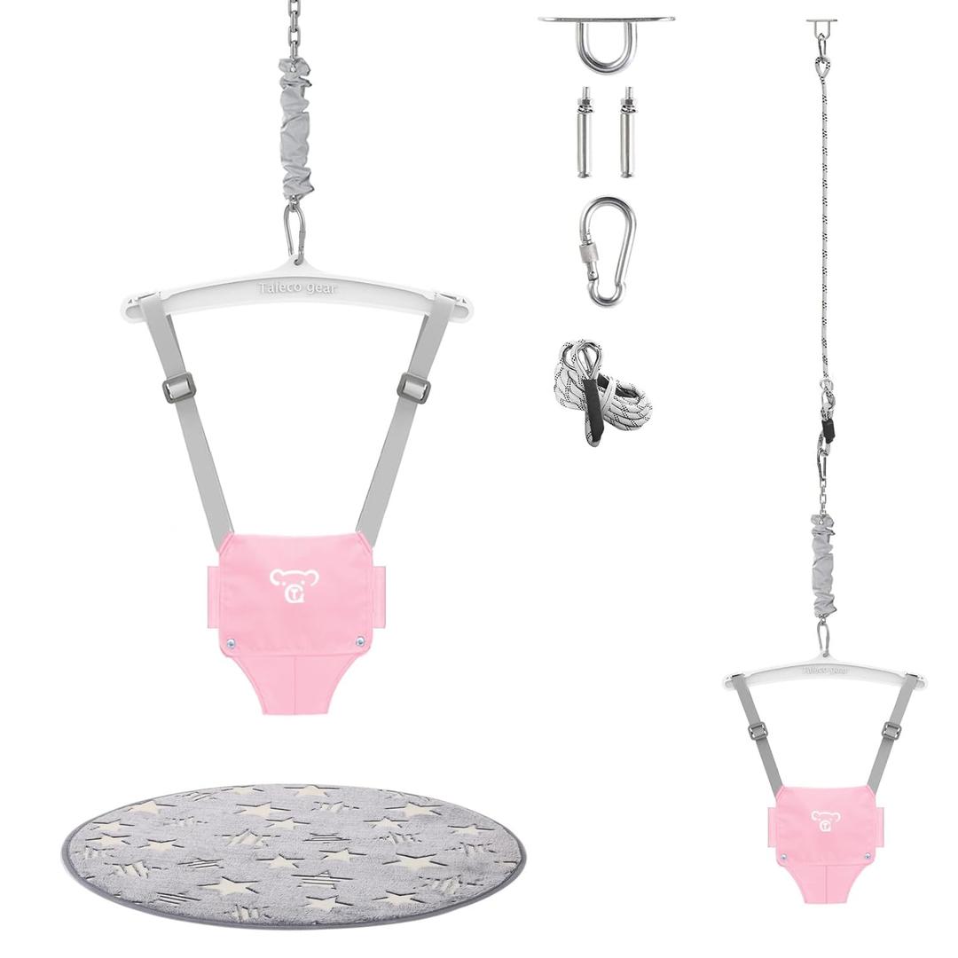 Baby Jumper with a Ceiling Hook for Infant & Toddlers, Kids Door Jumper with Adjustable Chain, Protable Baby Jumpers and Bouncers for Indoor/Outdoor, Baby Doorway Jumper with Soft Rug (Pink)