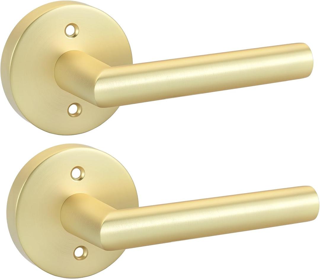 Goldenwarm Gold Door Handles Dummy, Bruhsed Gold Door Handle Zinc Alloy, No-Turning Dummy Door Levers for Closet Hallway (2 Pieces/1 Pack)