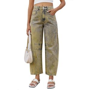 GREAIDEA Mid Rise Barrel Jeans for Women Wide Leg Mid Waist Cropped Denim Pants Y2k Baggy Boyfriend Jeans with Pockets (X-Small, Chartreuse)