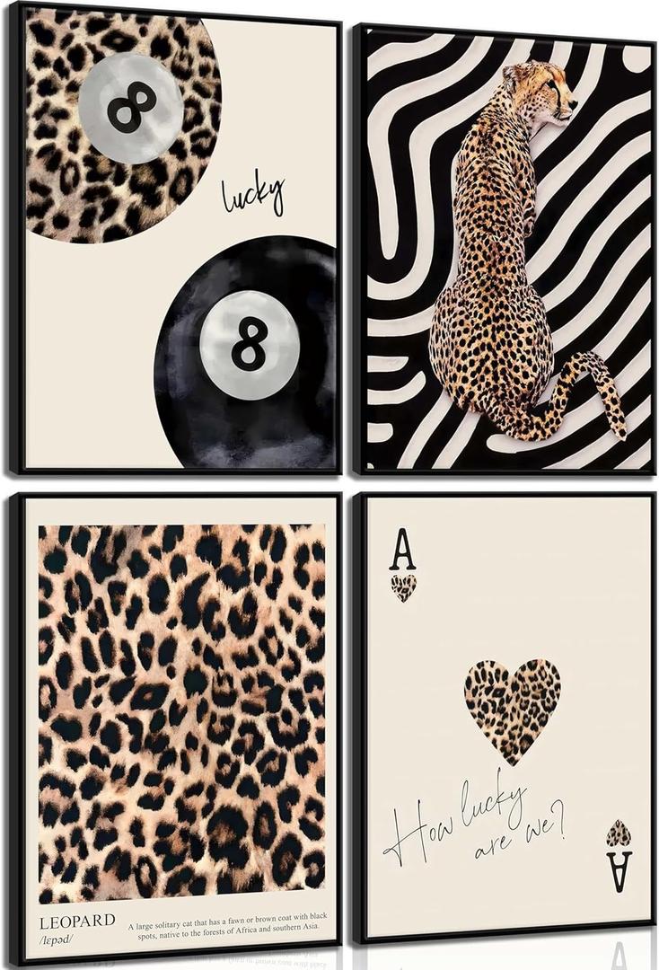 4Pcs Trendy Leopard Canvas Wall ArtCheetah Preppy Aesthetic Room Wall Decor Chic Leopard Ace Card Posters Prints Funky Lucky 8 Ball Painting Pictures for Girls Bedroom Apartment Dorm Unframed (color)