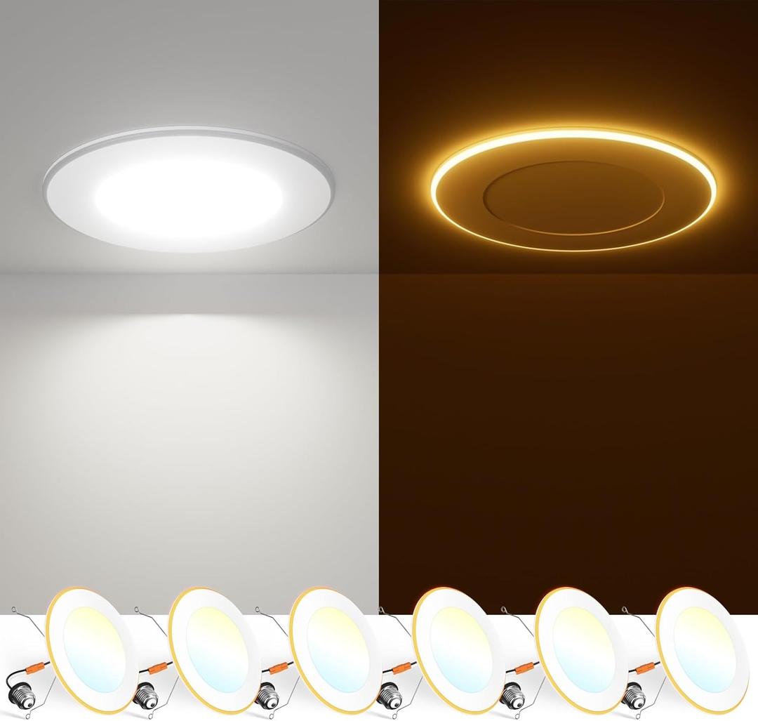 FREELICHT 6 Pack 6 Inch 5CCT LED Recessed Can Light with Night Light, 2700K/3000K/4000K/5000K/6000K Selectable Flat Recessed Lighting, 10W=110W, 1000LM, Dimmable Retrofit - ETL & FCC