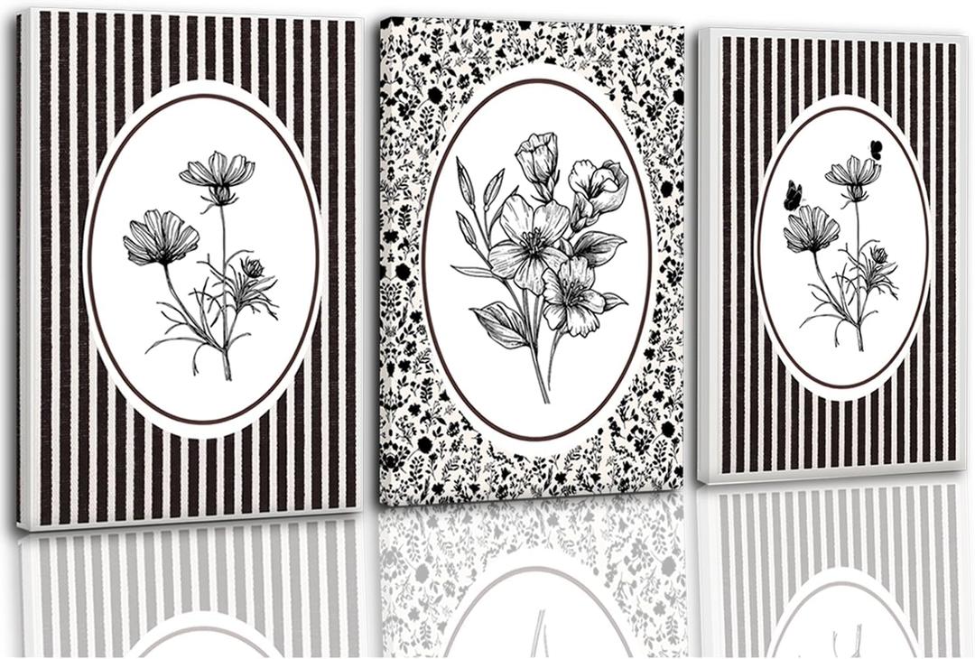 3 Pcs Vintage Floral Canvas Wall Art Bathroom Wall Painting Black And White Stripe Cottage Wildflower Poster Print Rustic Farmhouse Wall Decor for Bedroom Bathroom Living Room Office Kitchen 16*24In (Stretched Canvas On A Wooden Frame)