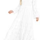 MITILLY Women's Elegant Floral Long Sleeve Round Neck Smocked A-Line Flowy Tiered Maxi Dress with Pockets (White)