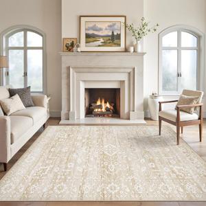 Soalmost 5x7 Area Rugs for Living Room, Washable Vintage Floral Non-Slip Low Pile Neutral Rug Soft Throw Carpet for Dining Room Bedroom Home Office Nursery (Beige, 5'x7')