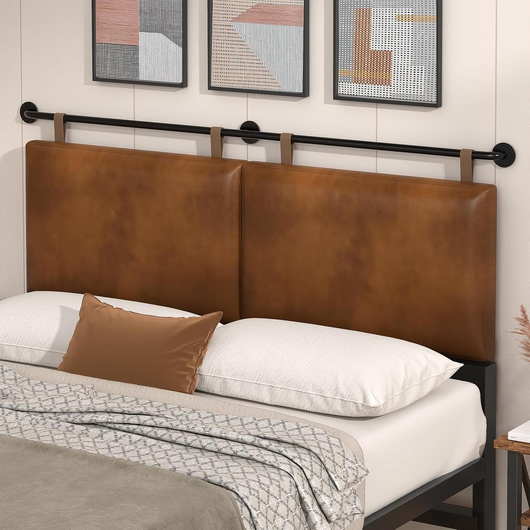 Queen Headboard, Hanging Headboards with Brown Faux Leather Industrial Pipe Modern Style Only for Bed Backboard (Brown Leather, Queen)