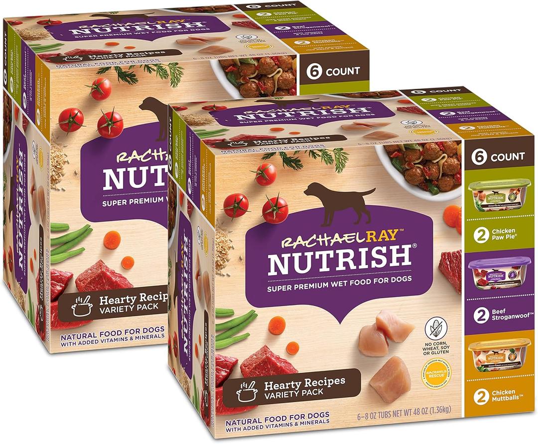 Rachael Ray Nutrish Wet Dog Food Variety Pack Hearty Recipes, six (6) 8 oz Tubs (Pack of 2) (EXP 11/15/26)