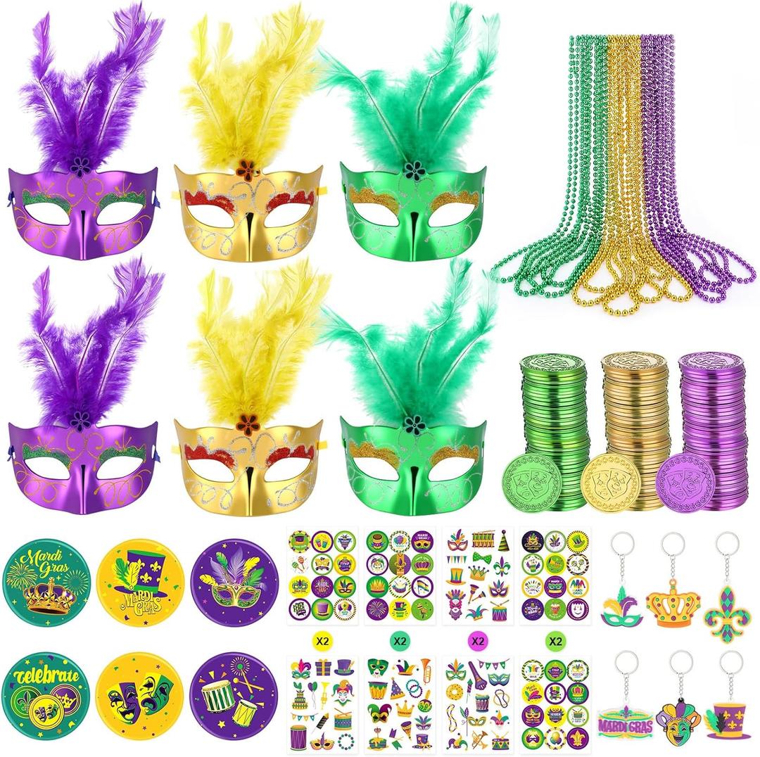 130 Pcs Mardi Gras Party Favors Kit - Carnival Decorations Set with Bulk Mardi Gras Beads Necklaces Masquerade Masks Gold Coins Tattoos & Stickers Vintage Fat Tuesday Parade Accessories Supplies