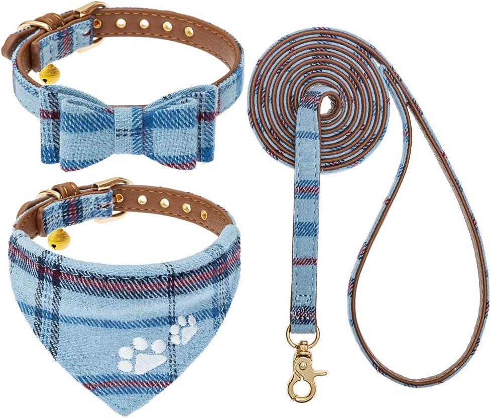 EXPAWLORER Puppy Collar and Leash Set - Embroidery Pawprints Plaid Dog Collar with Bow Tie and Bandana, Cute Collar and Leash for Dogs and Cats, Blue XS