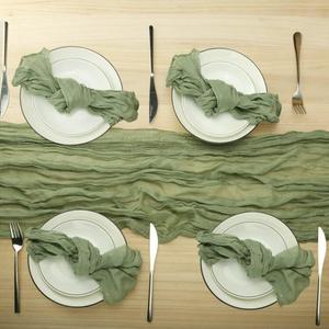 Sage Green Cheesecloth Table Runner and Napkins Set, Boho Gauze Cheesecloth 13 Ft Runner with 12 Napkins, Rustic Wrinkled Table Decor for Wedding, Birthday, Dinner Parties
