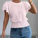 Women's Eyelet Embroidered Smocked Waist Top | Ruffle Short Sleeve Round Neck Casual T-Shirt 2026 Fashionable Clothing. (5X-Large, Pink)