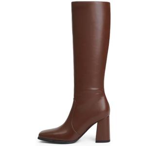 Knee High Boots Women Chunky Heel Square Toe Tall Boots Women Heeled Size Zipper Long Boots (6.5, Brown)