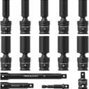 PRIDE&CRAFT 3/8 Drive Deep Universal Socket Set, 14 Piece Cr-Mo Steel Air Tool Accessories for Automotive & Machinery, 6-Point Universal Joint Socket, Metric,10-19mm,with Extension Bars