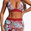 ZAFUL Women's High Waisted Bikini with Skirt Whip Stitch 2 Piece Swimsuits Tummy Control Bathing Suit, M