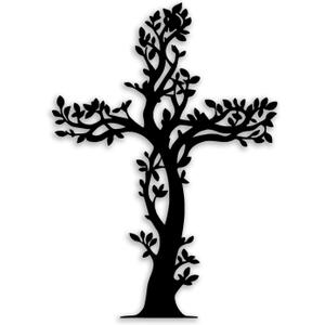 Cross Tree Leaf Metal Wall Decor - Christian Room Decor Wall Art Home Decor for Living Room, Bedroom, Dining Room, Office, Courtyard, Garden (Black)