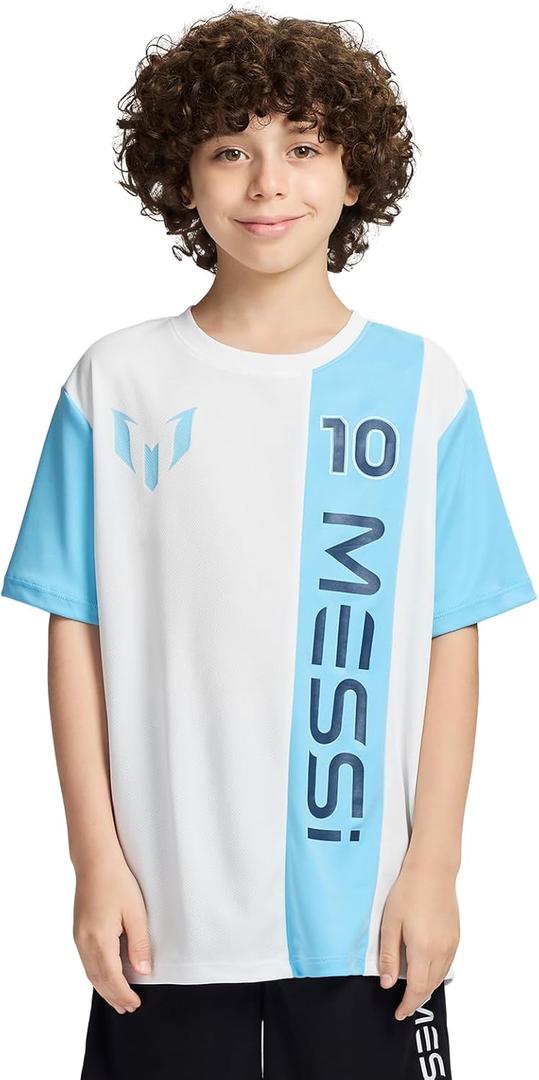 Messi Boys Lifestyle Short Sleeve Top, Loose-fit Shirt with Logo, Comfortable (5, Bright White)