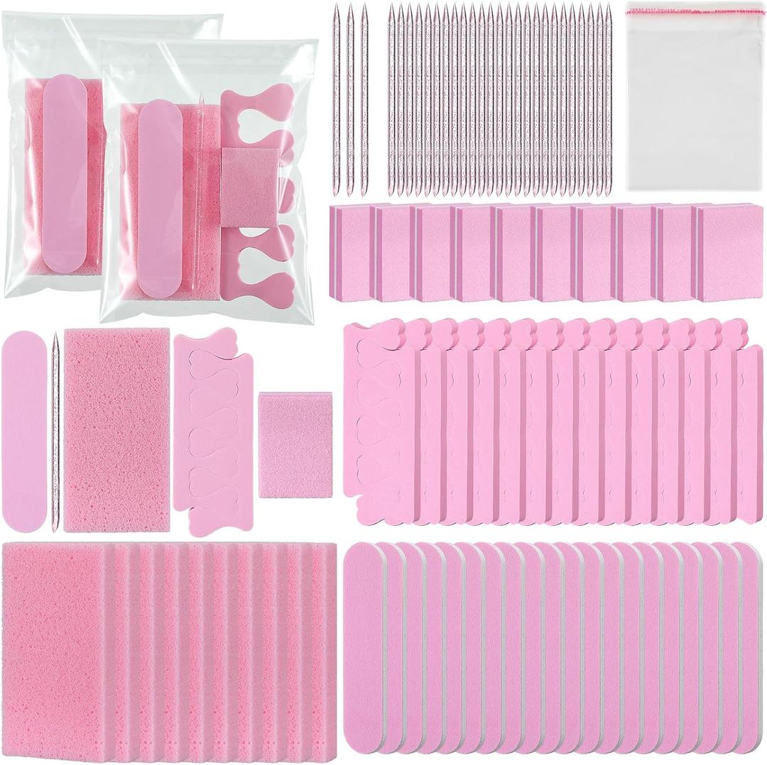 50 Sets Disposable Pedicure Kit Individually Package 5 in 1 Pedicure Tools Pumice Stone Nail File 80/100 Grit Mini Buffer Toe Separator Cuticle Pusher Clear Bag for Salon Home(Pink)