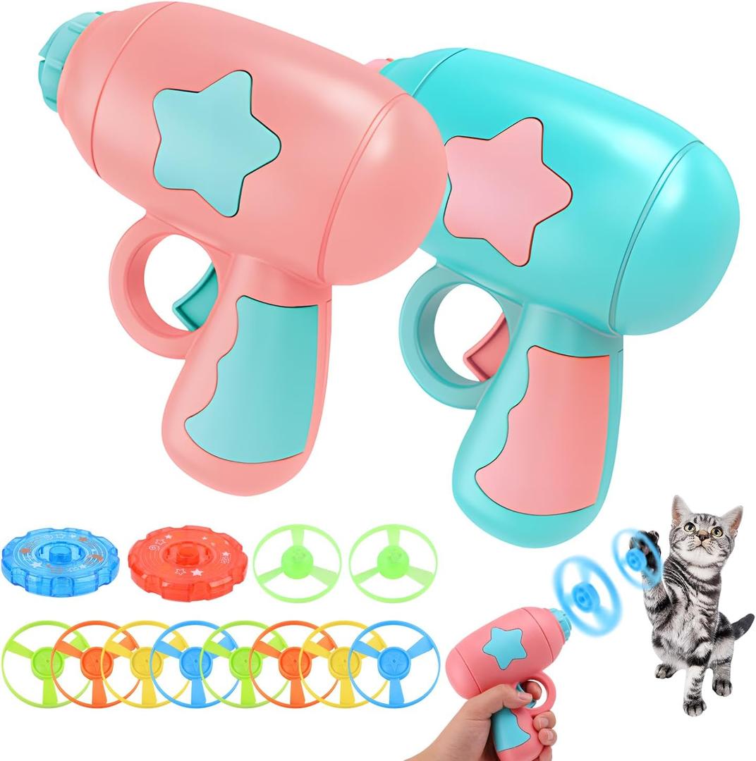 2PCS Bamboo Dragonfly Catapult Launcher, Interactive Cat Fetch Toy Launcher with LED Flying Disc Propeller, Outdoor Flying Saucer Blaster for Pet Exercise & Night Play(Pink+Blue)