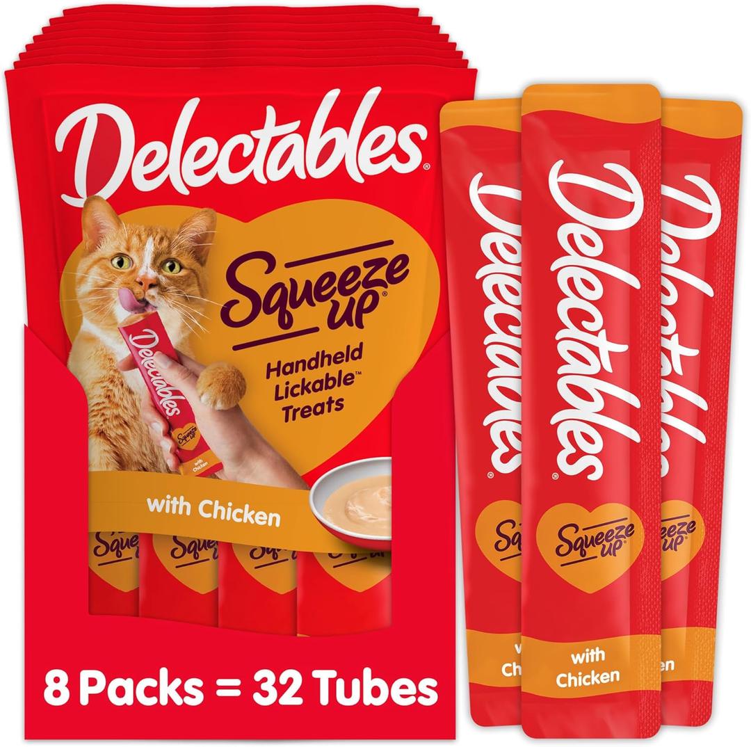 Delectables Squeeze Up Creamy Squeezable Puree, Lickable Wet Cat Treats, Grain Free, No Added Fillers, No By-Products, No Added Preservatives, 0.5 Ounces Tube Chicken Flavor, 32 Tubes Total (4 Count, Pack of 8) BB Date Oct 21 2027