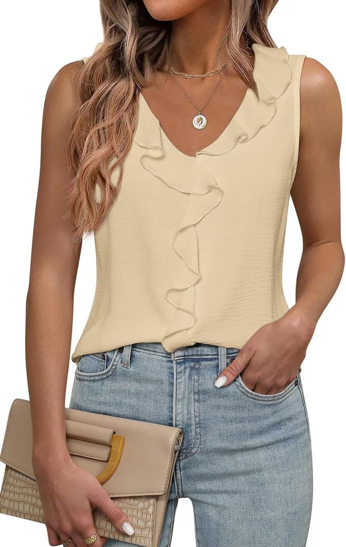 LUXVEER Women's Dressy Casual Blouses Sleeveless V Neck Ruffle Tank Tops 2026 Trendy Summer Ladies Business Work Shirts (M)