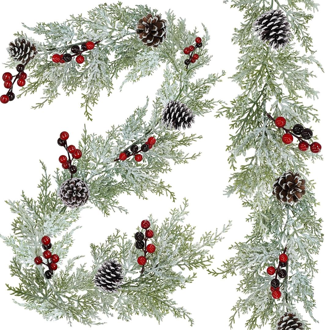 Winly 2 Pcs Artificial Snowy Cedar Garland with Pine Cones and Red Berries Christmas Greenery Garland 6 Ft Christmas Wedding Winter Holiday Party Table Runner Mantle Seasonal Centerpiece Decoration