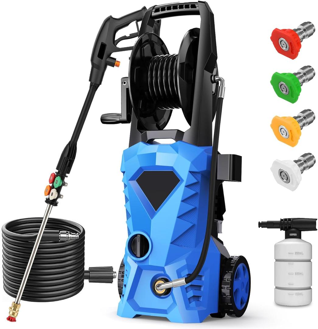5000PSI Pressure Cleaner - 2025 New Power Cleaner with Upgraded 33ft Pressure Cleaner Hose Reel, Foam Cannon, 4 Nozzle Set, Power Cleaner for House/Patios/Car/Fence, Blue