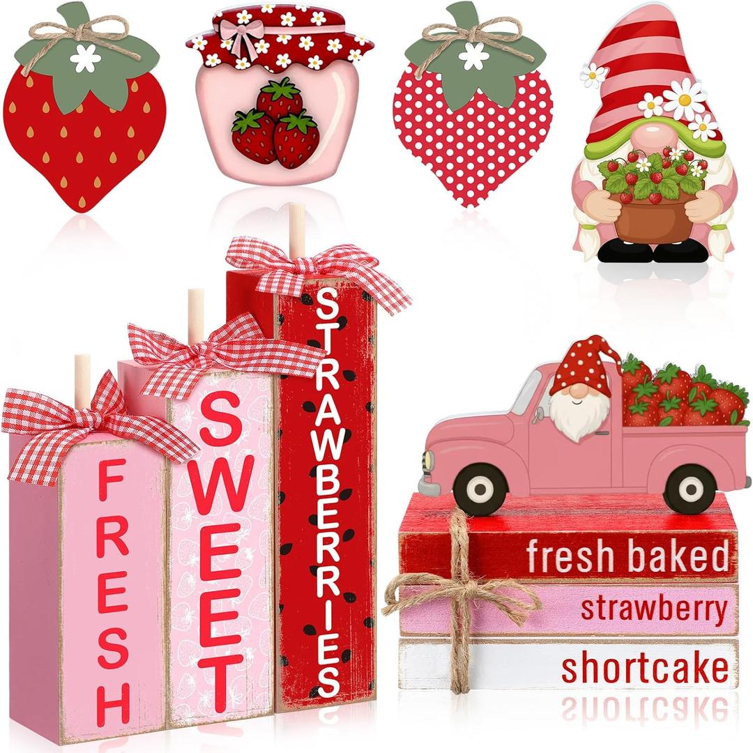 Vercraft 11 Pcs Strawberry Table Decorations Set Strawberry Tiered Tray Decor Spring Summer Wooden Top Farmhouse Rustic Wooden Coffee Table Centerpieces for Home Kitchen Office Decorations