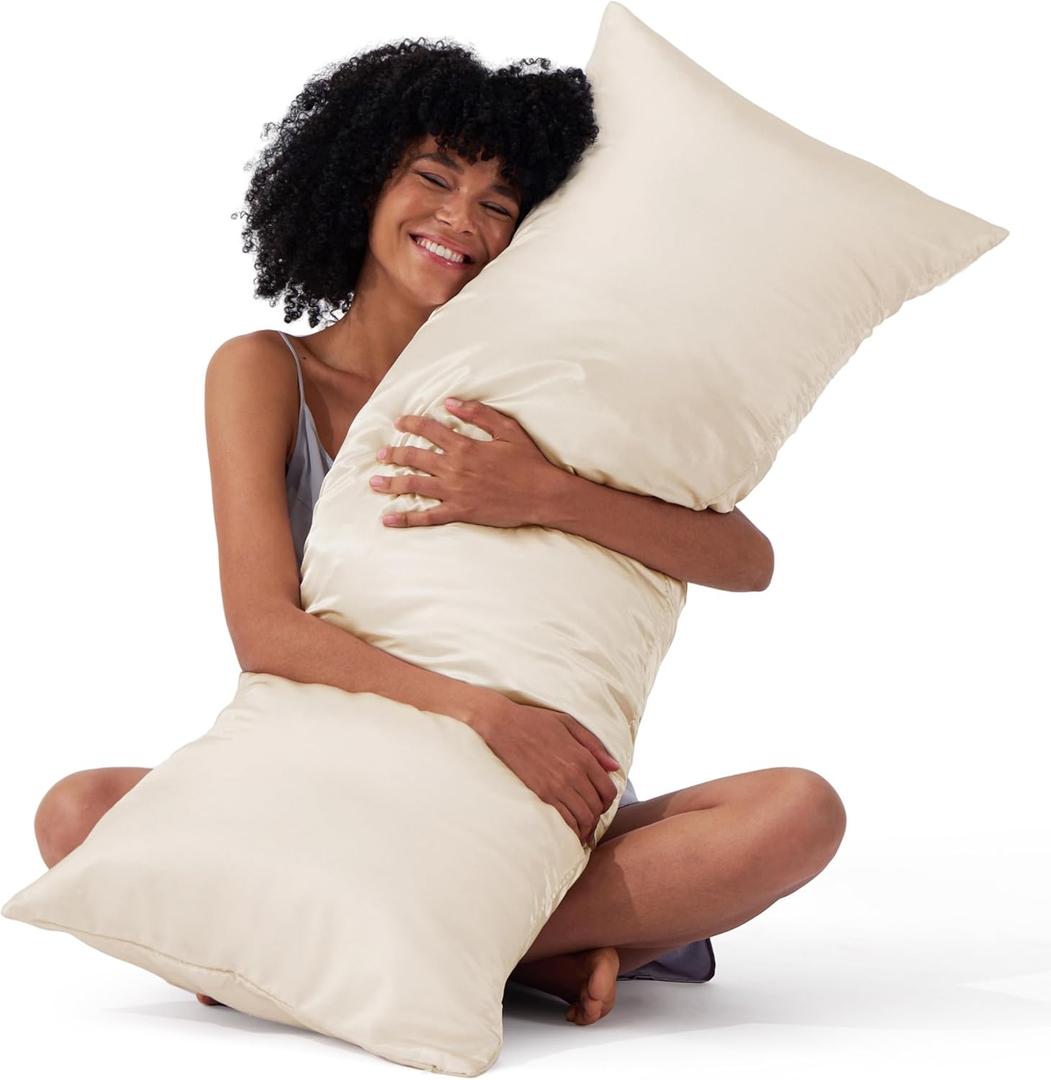 Bedsure Satin Body Pillow Cover with Zipper, Similar to Silk Body Pillow Pillowcase, Soft & Breathable Long Pillow Case, Cooling & Silky Long Pillowcase for Hair and Skin, Gifts, Beige, 20x54 Inches