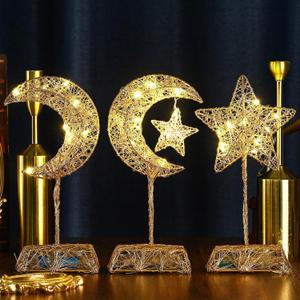 3 Pcs LED Lighted Ramadan Moon and Star Ornament Gold Glittered Battery Operated Ramadan Decoration Table Decor for Indoor Home Bedroom Tabletop Centerpiece Holiday Party